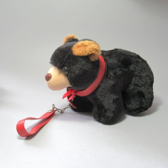 Vintage Black Plush Bear Toy With Red Collar & Leash Smoky Bear - Picture 1 of 10